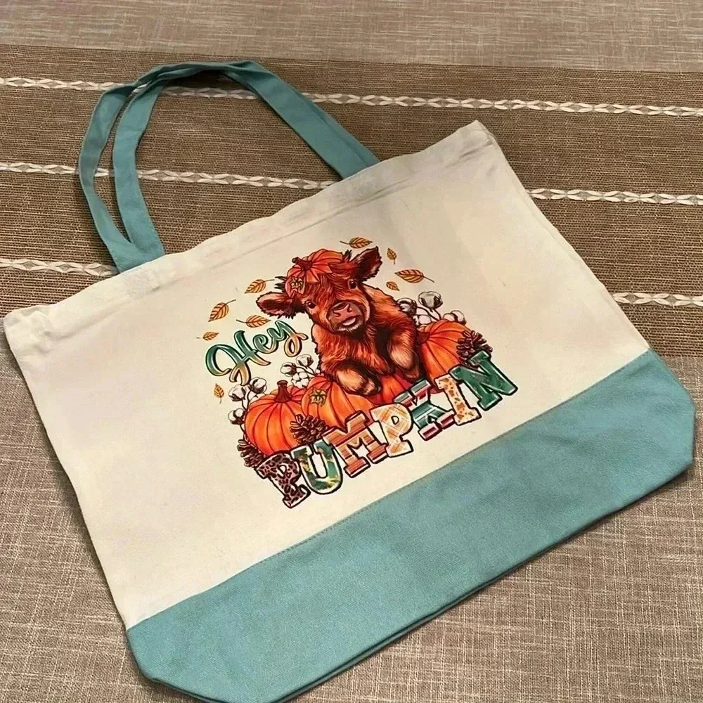 “Hey Pumpkin” Highland Cow / Fall Canvas Tote Bag - Fall/Autumn Design